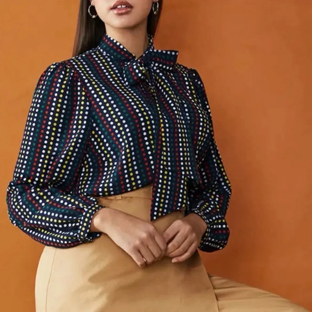 Eloquii Tie Neck Blue Multi Color Polka Dot Retro Career Office Blouse Size 16 - Picture 1 of 12